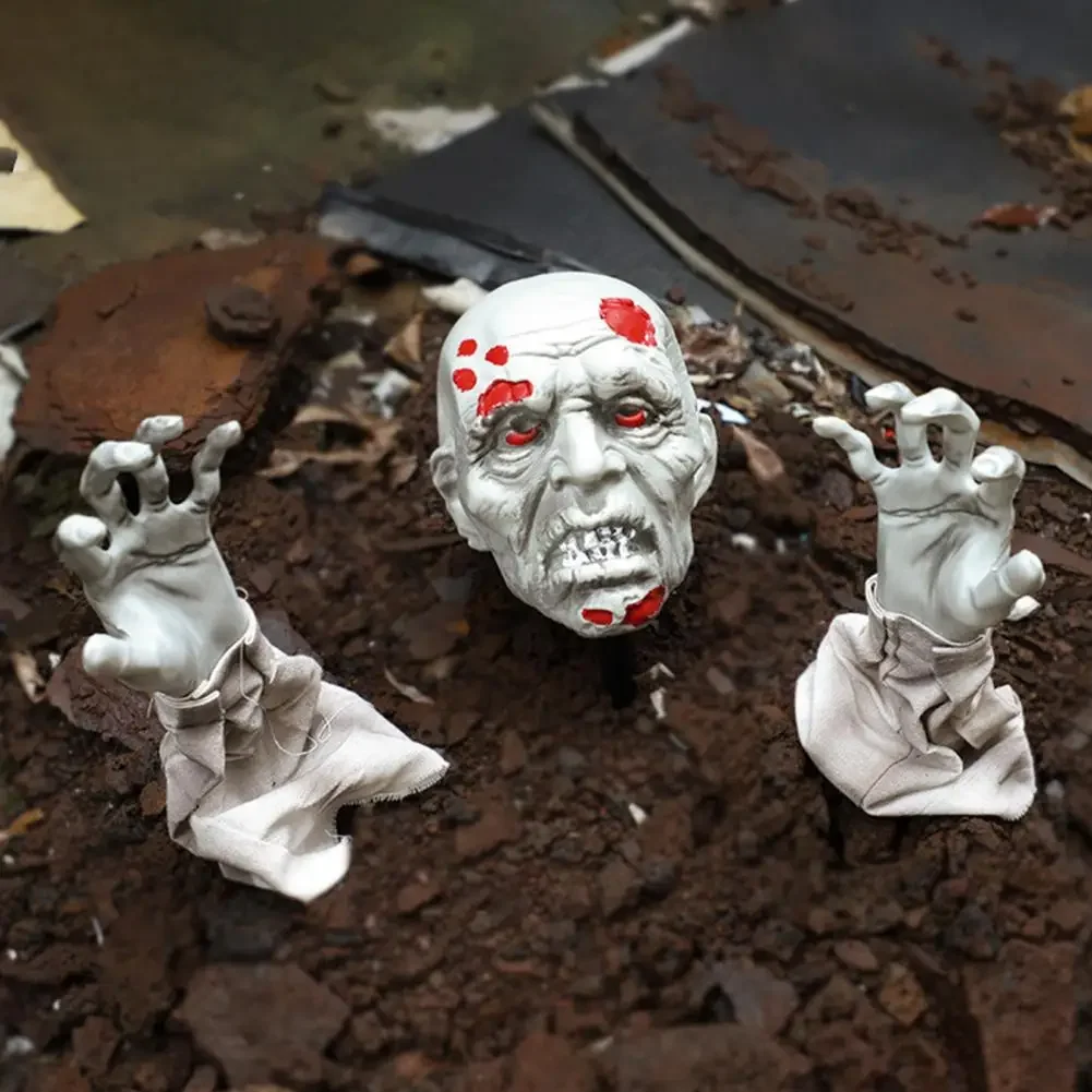 

Halloween Ornament Spooky Zombie Head Arm Lawn Stakes for Halloween Decor Realistic Skeleton Bone Hands Outdoor Decoration Set