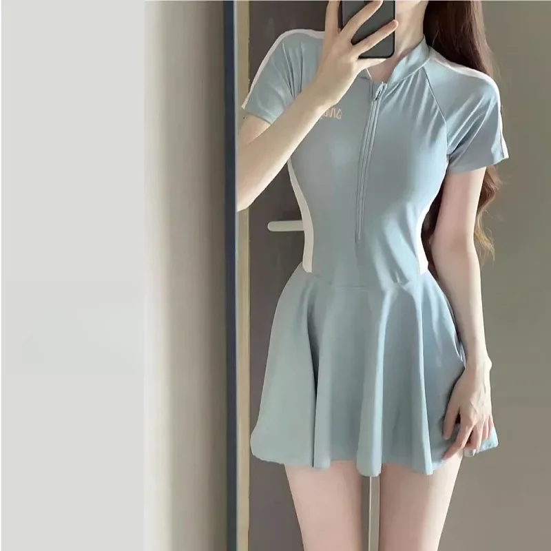 여성을위한 하이 엔드 바디 드레스 수영복 보수적 인 반팔 태양 보호 학생 스포츠 온천 수영복