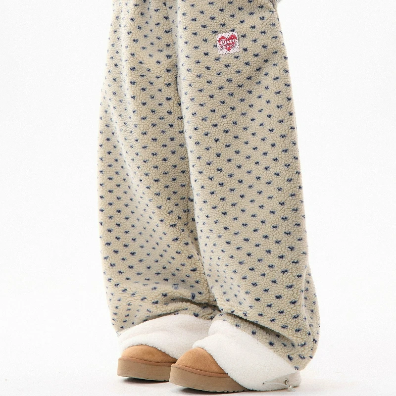 French Retro Design Floral Splicing Lamb Wool Women's Pants 2025 Winter New Loose Thin Versatile Warm Wide-leg Trousers Ladies