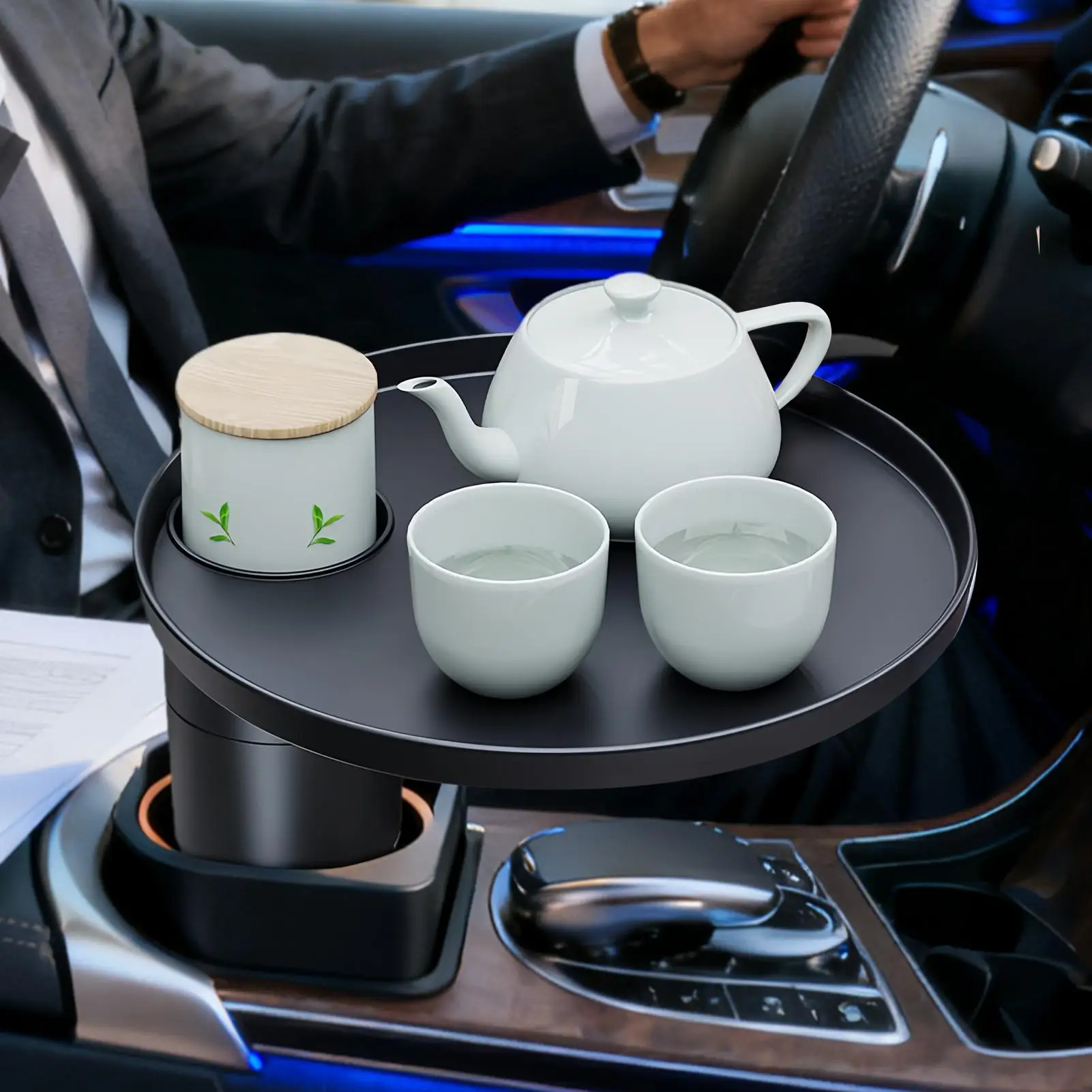Car Tray Cup Holder Expandable 360 Degree Rotatable Car Cup Holder Expander With Tray For Travel Long Driving Commuting Vehicle