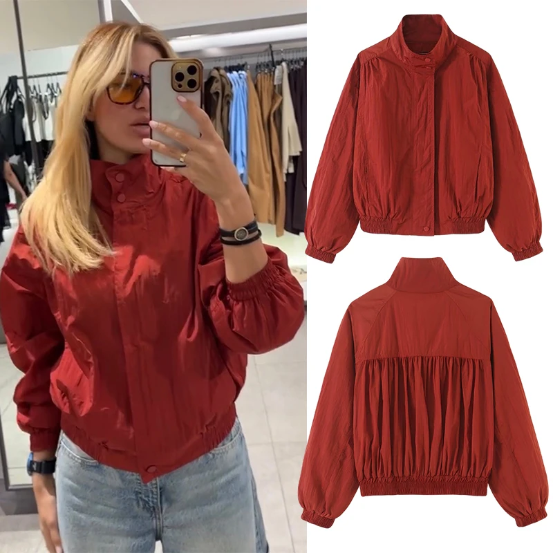 Women Stand Collar Bomber Jacket Zip Up Short Coat Casual Loose Outerwear Spring Autumn Flight Jacket Fashion Tops