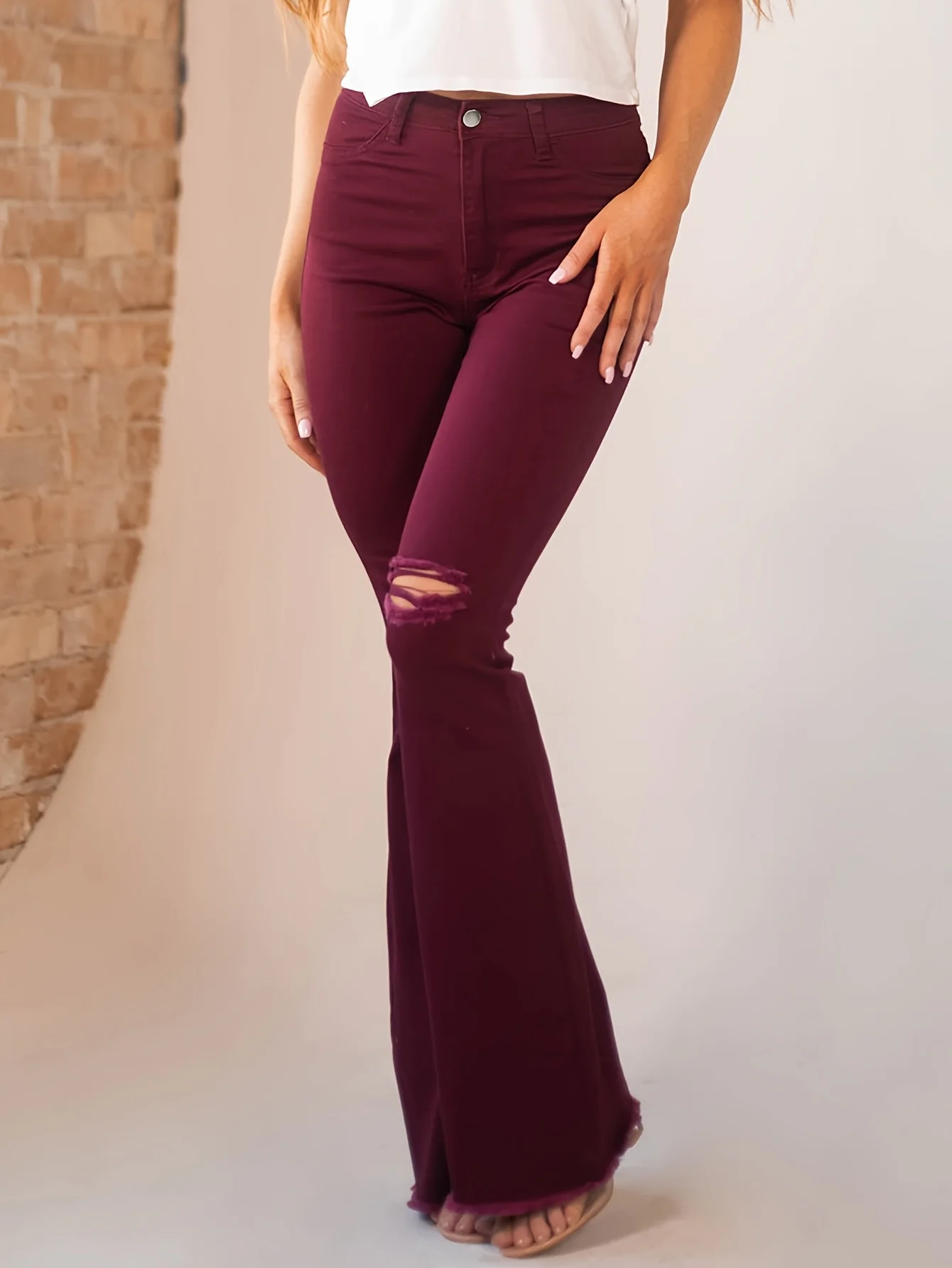 

European And American Cross-Border Women's New Design Ripped Jeans Wool Slim Mid-Waist Flared Trousers