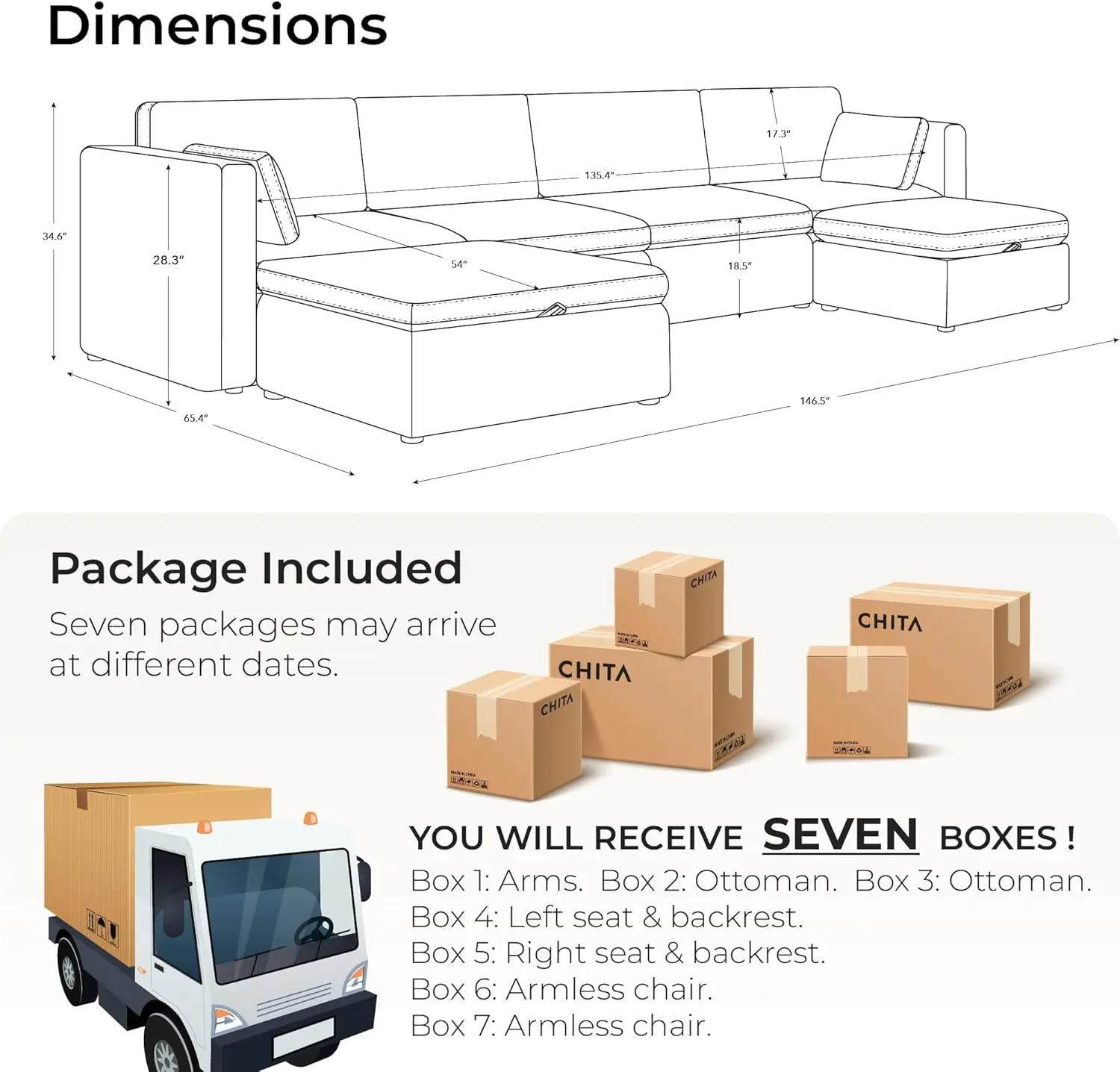 Ensemble de canapé sectionnel modulaire en tissu, canapé en forme de U extra large avec chaise longue réversible, 146 po de largeur, Mod 6 places