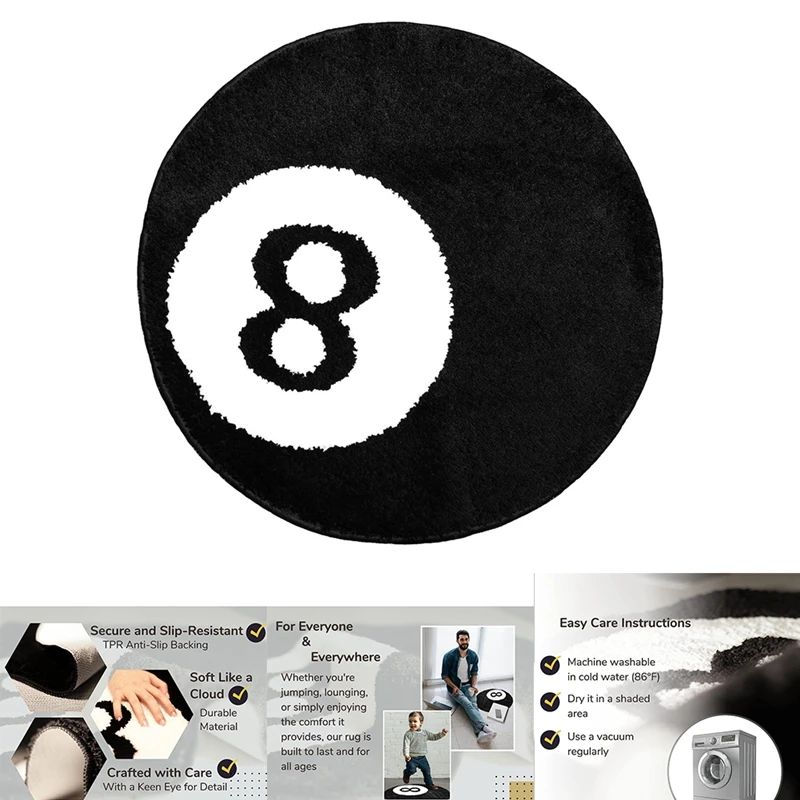 1 PCS 8 Ball Rug - 32 Inch White & Black Rug Cool Rugs And Aesthetic Rugs For Bedroom & Living Room