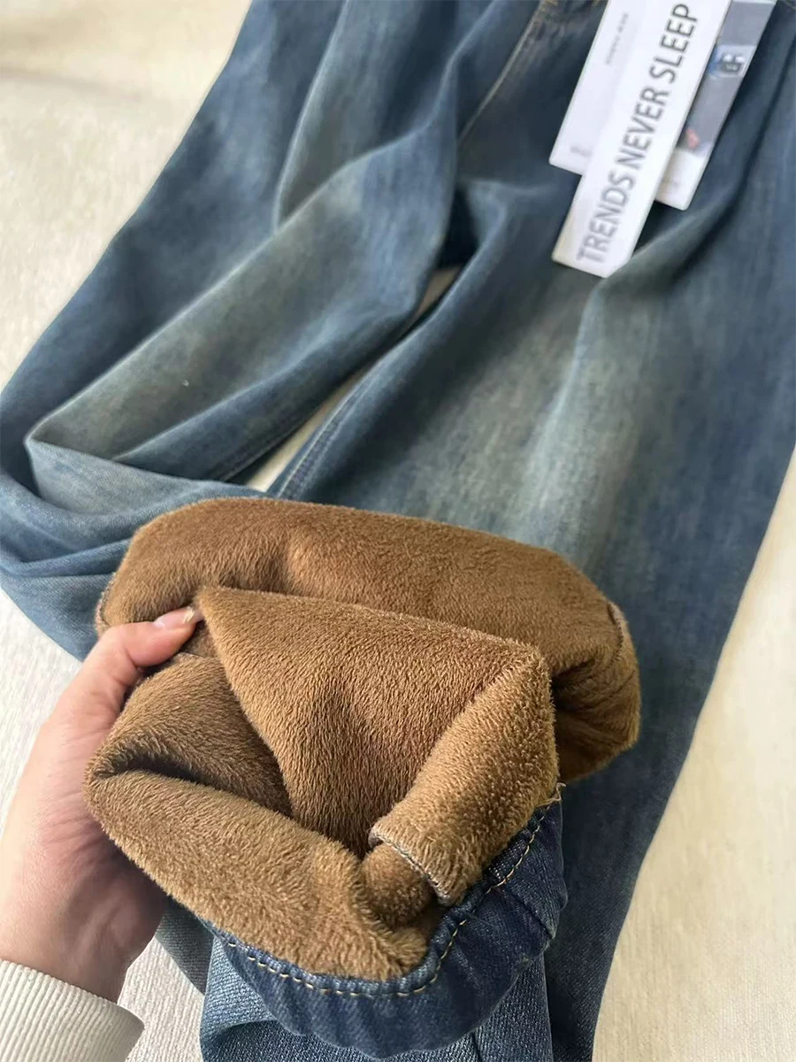 Autumn Winter Women's Velvet Baggy Jeans Oversized Loose Warm Cowboy Pants Fashion High Waist Slim Blue Denim Trousers S-3XL