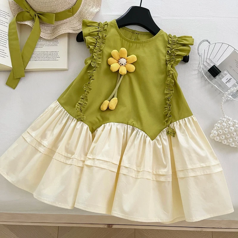 

Girls' Sleeveless Dress Summer New Girls' Applique Patchwork Cake Dress Girls Clothes Ropa De Niña with Hat