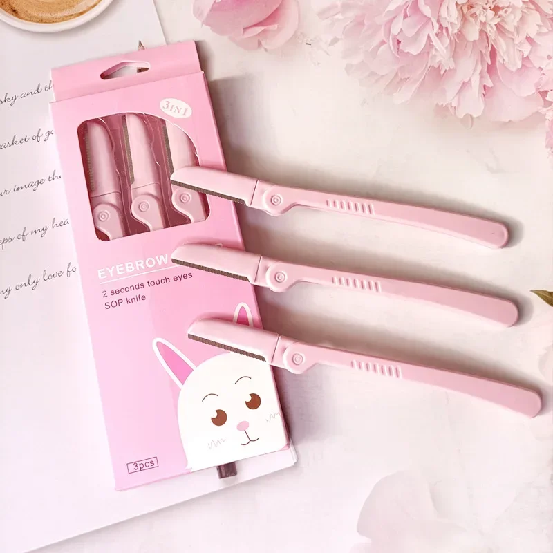 Recortador de cejas plegable rosa, maquinilla de afeitar de pelo de axila, belleza facial, moldeador de cejas, afeitadora, cuchillas de acero inoxidable, herramientas de maquillaje, 3 piezas por juego