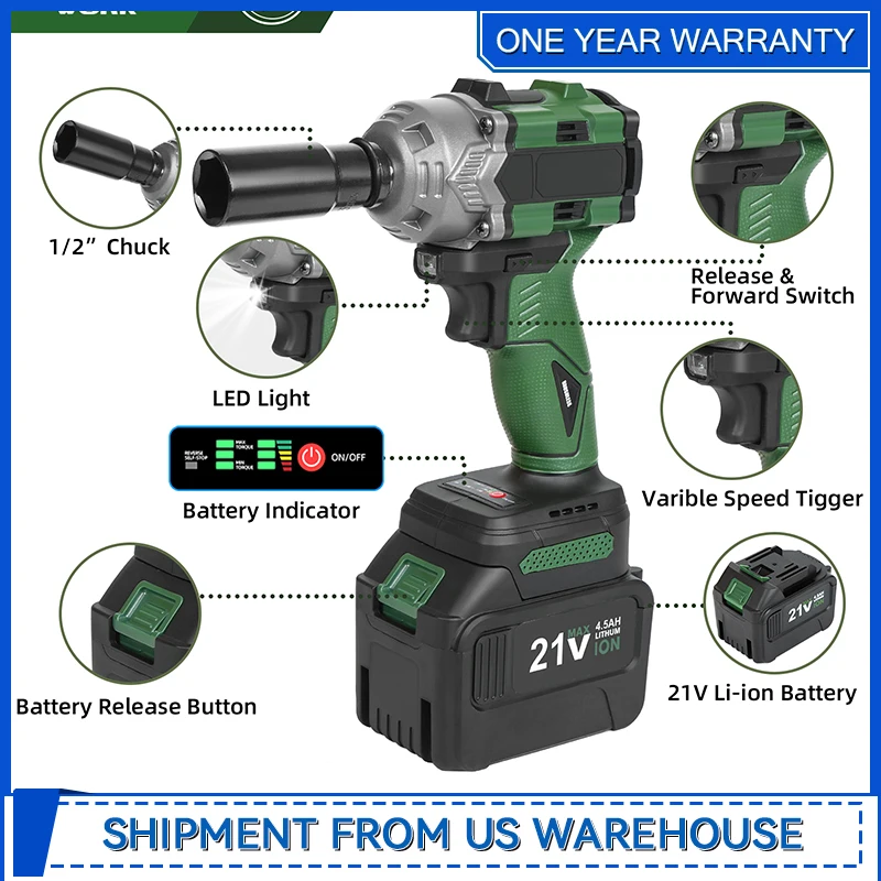 Kit de llave de impacto sin escobillas de 20 V, llave de impacto de 600 Nm y 1/2 pulgada con 2 baterías de 4,5 Ah, 2500 RPM de Prostormer