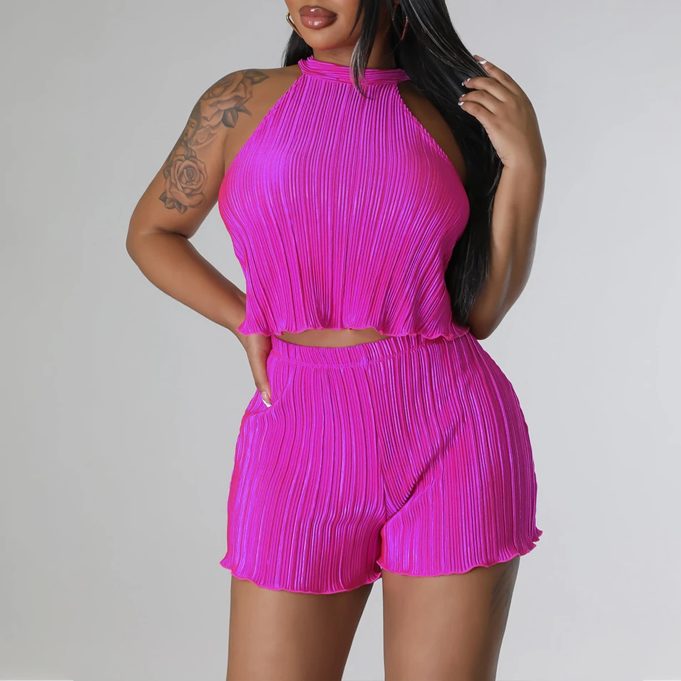 

Summer Casual Pleated 2 Piece Set Of Solid Color Sleeveless Open Navel Vest Shorts women Beach Vacation Casual Set