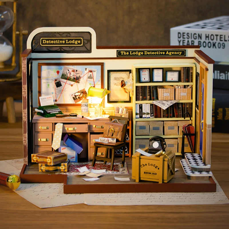 DIY Wooden Miniature Model Kit Detective Agency of Lodge Casa 3D Puzzle Dollhouse With Furniture Home Decor for Friends Gifts