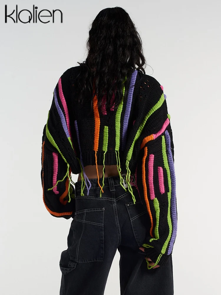 Klalien Mode Casual Gebreide Trui Vrouwen Herfst Eenvoudig Patchwork Kleurrijke Kwastje Trui Dames Streetwear Nieuwe 2022