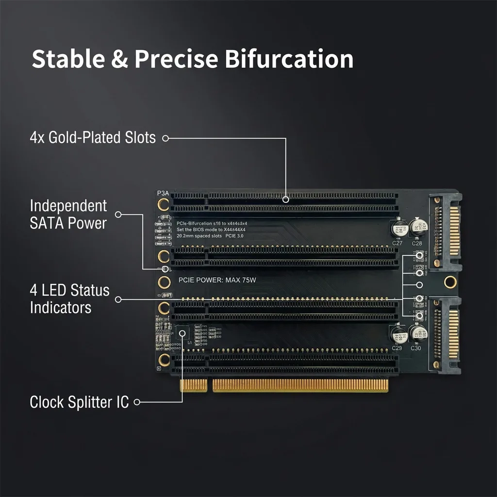 PCI-E X4X4X4X4 Expansion Card PCI-Express 3.0 X16 Gen3 1 to 4 Adapter PCIe-Bifurcation 16X SATA Power Port Split Card PC Riser