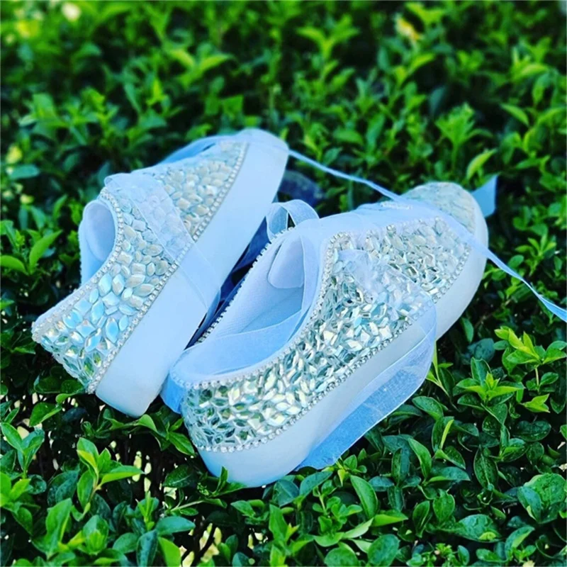 Handmade luxury rhinestone sequins pure white low top wedding plimsolls women\'s large size casual running shoes 35-44