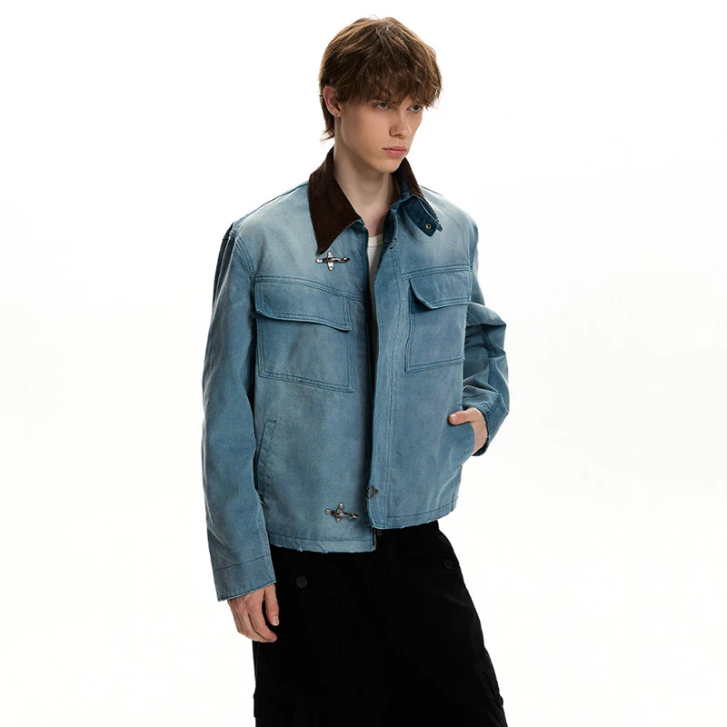 LUZHEN 2026 New Wornout Tie-dyed Design Pockets Decorate Lapel Denim Jacket Men's Fashion Handsome High Quality Clothes JY9274