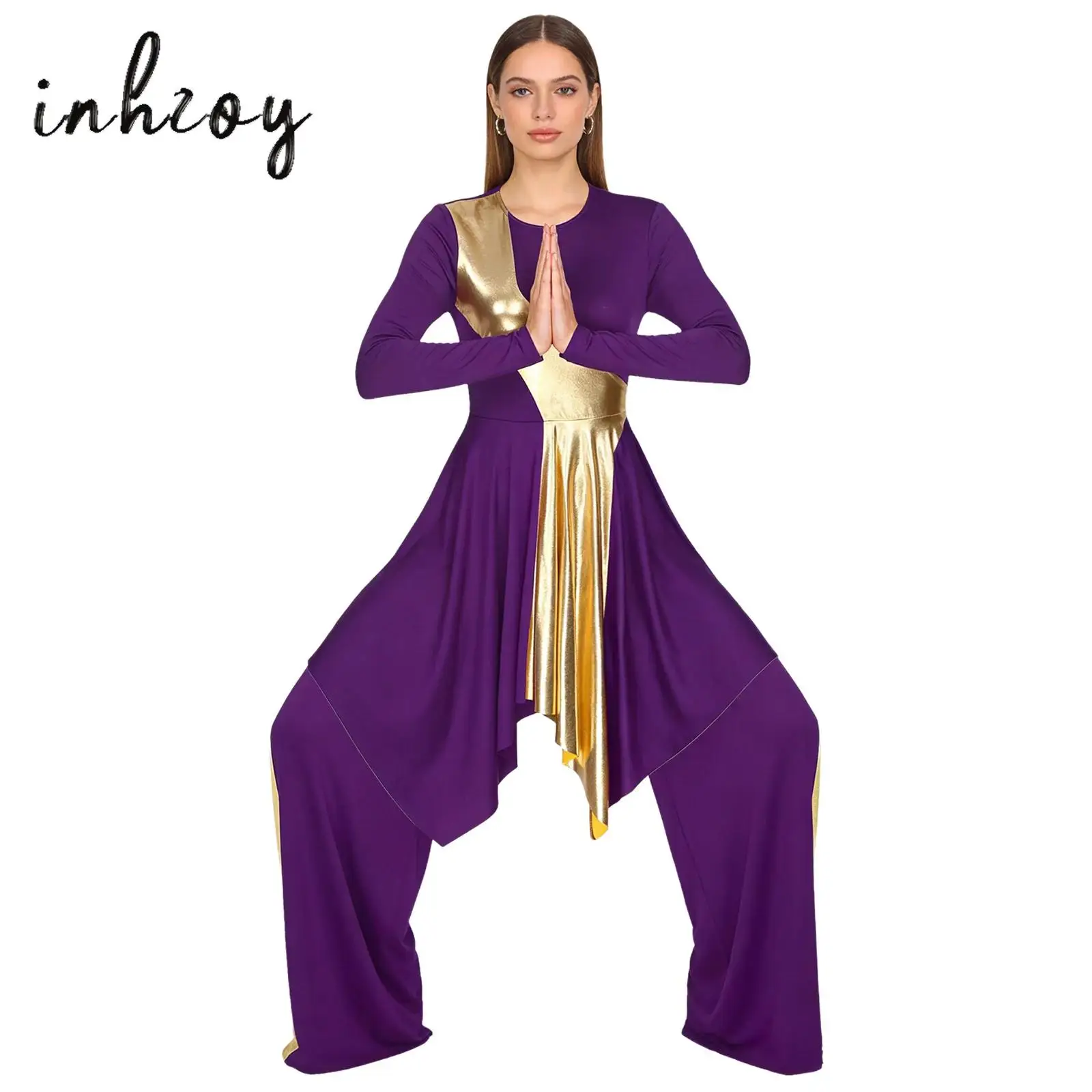 Female Gymnastics Jersey Womens Ballet Dance Wear Liturgical Lyrical Praise Dance Tunic Liturgical Worship Overlay Dress+Pants