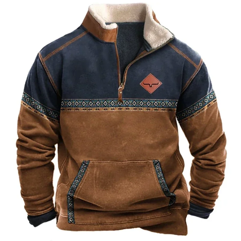 Casual Mens Sweatshirt Wool Lining Long Sleeve Zipper Turndown Collar Loose Pullover Vintage Contrast Color Winter Warm Tops Men