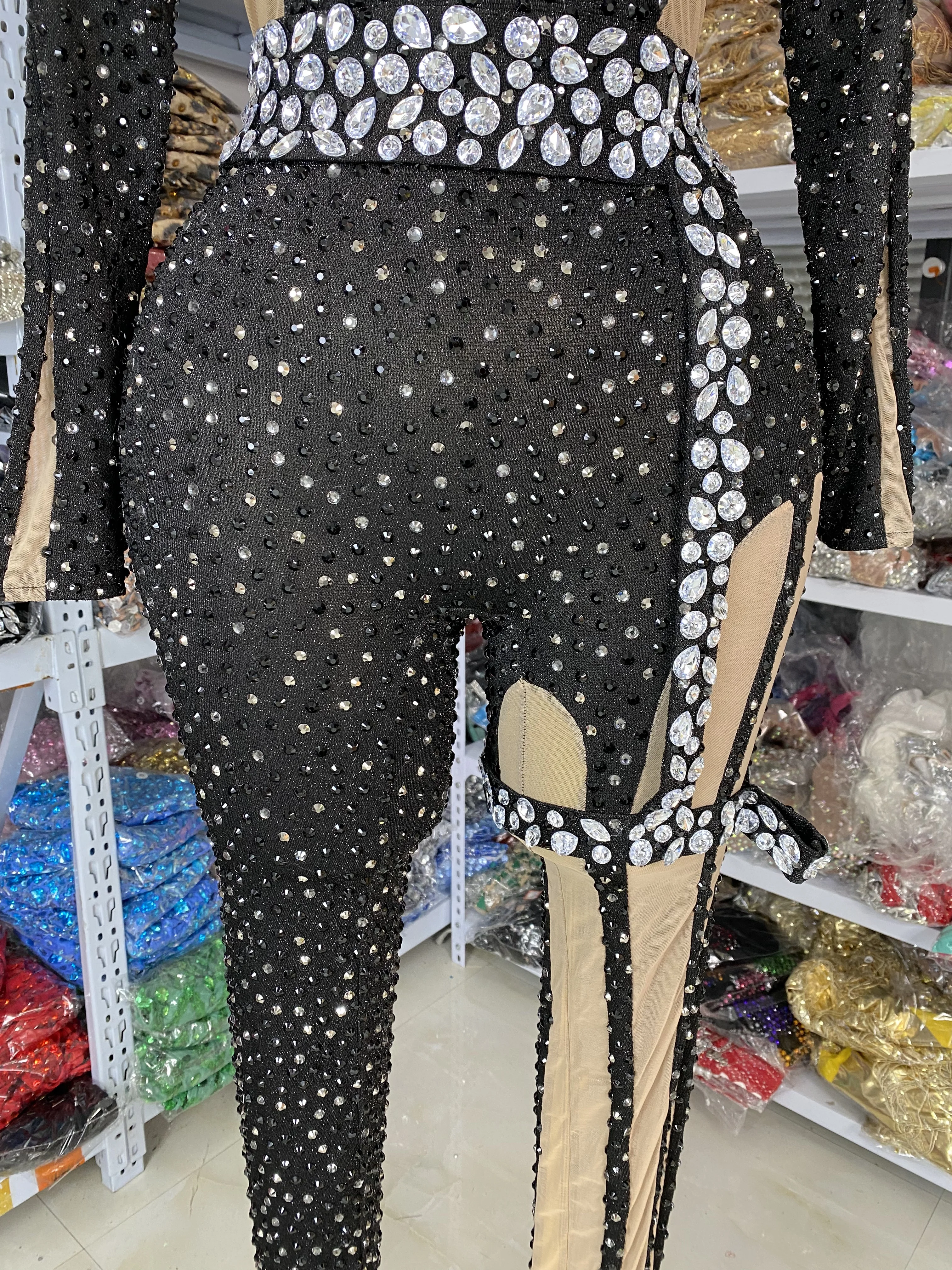 卸売 女性用 デザイン キラキラ ラインストーン メッシュ ボディコン ジャンプスーツ 歌手 ダンサー パフォーマンスコスチューム イブニングクラブ パーティードレス