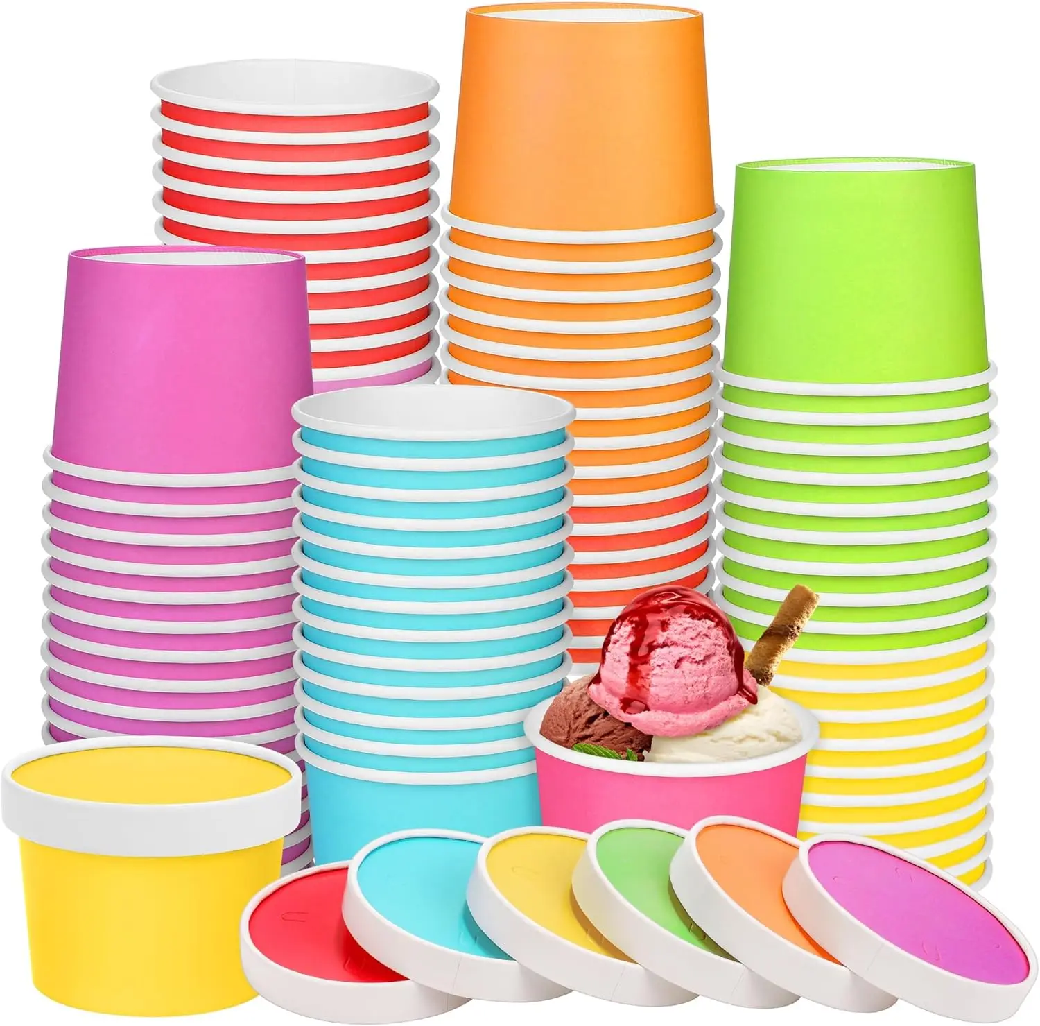 

60-Pack 8 Oz Paper Ice Cream Cups with Lids Candy Color Disposable Dessert Snack Bowls for Sundae, Frozen Yogurt & Party