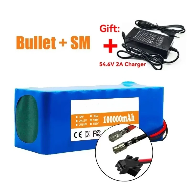 For Electric Motorcycles Scooters Mobility Scooters with Bullet+SM Plug BMS + 54.6V 2A Charger 13S2P 48V 10Ah Lithium Battery
