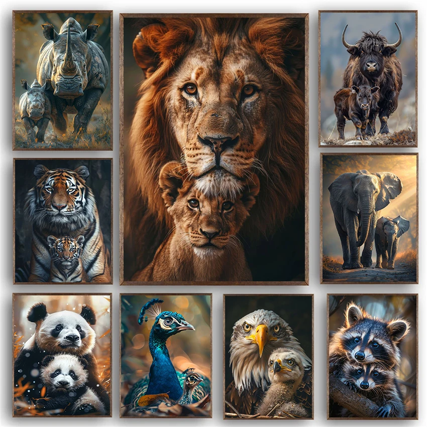 Modern Wildlife Lion Elephant Tiger Flamingos Panda Animal Portrait Family Poster Canvas Paintings Wall Art Pictures Home Decor