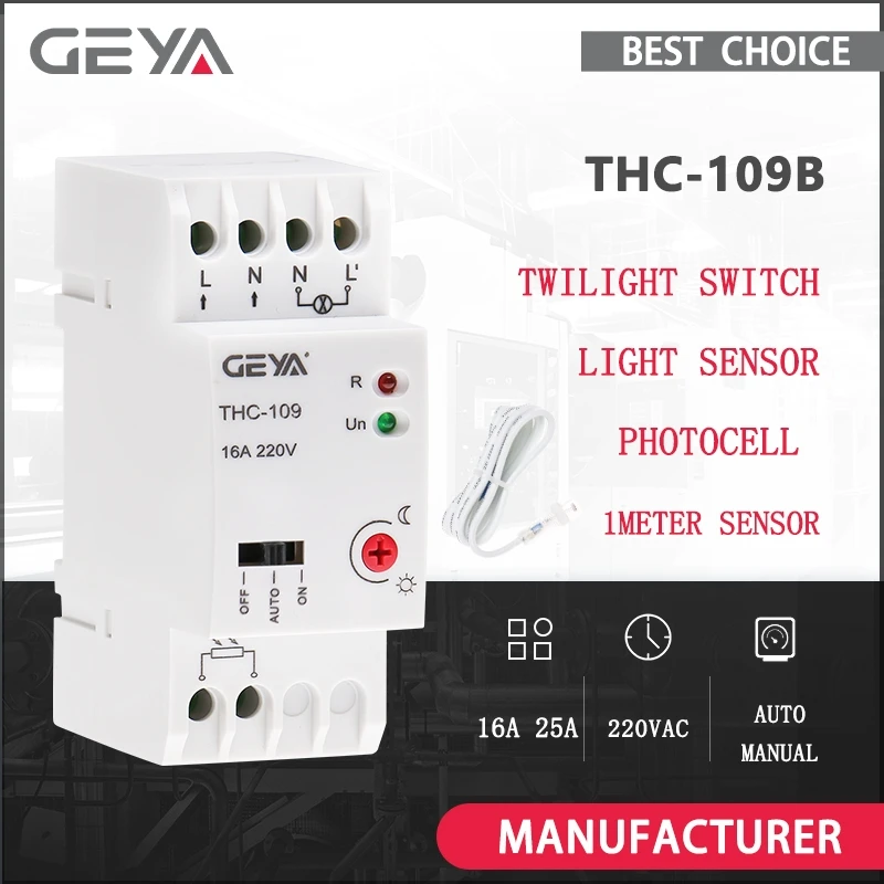 

Переключатель контроллера освещения GEYA 16A 25A AC220V с автоматическим/ручным включением/выключением, датчик фотоэлемента, управляемый THC-109B