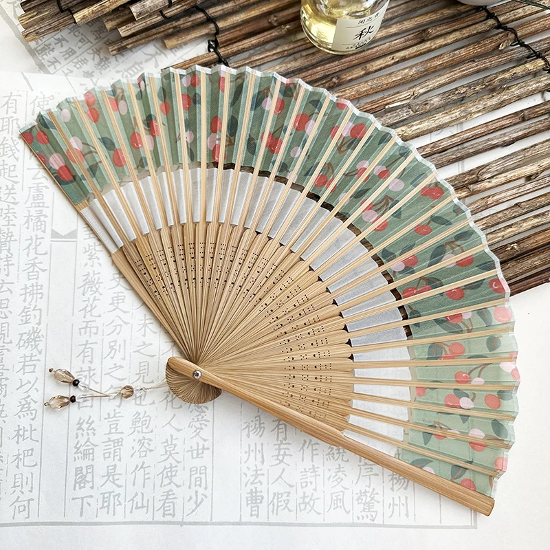 Portable Folding Fan Bamboo Fan Small Fresh Double Section Chiffon Summer Cool Women's Dancing Hand Fan Household Small Fan