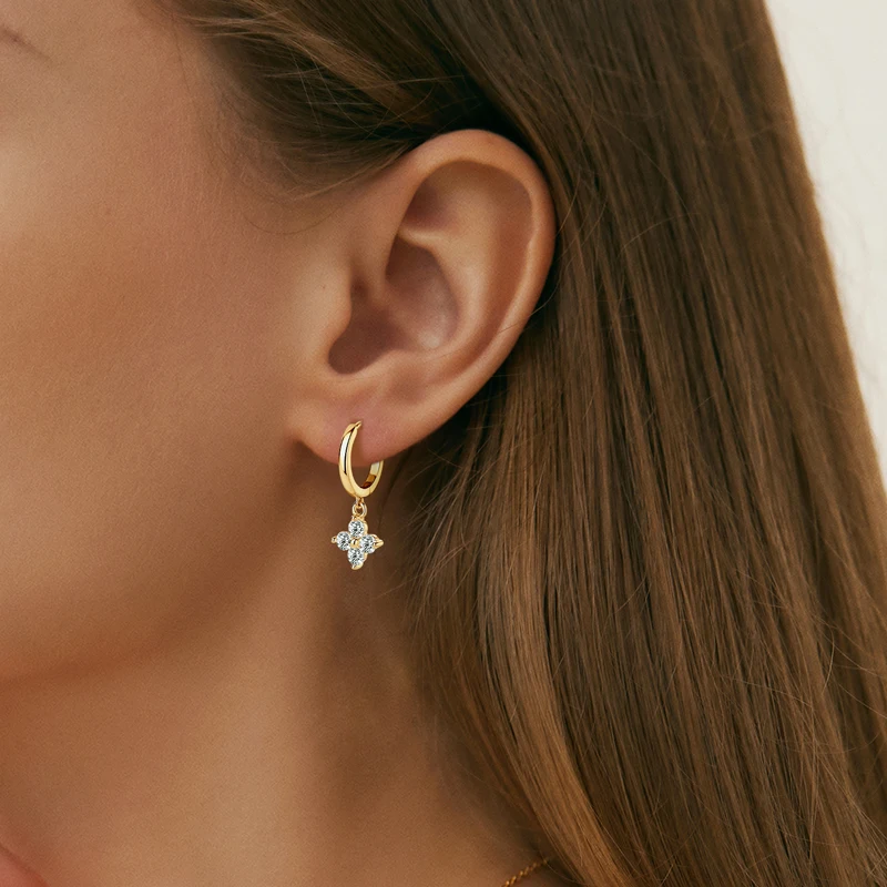 

14K Gold Plated Four Leaf Clover Moissanite Drop Hoop Earrings for Women 100% 925 Silver Lucky Charm Earrings Jewelry Gift