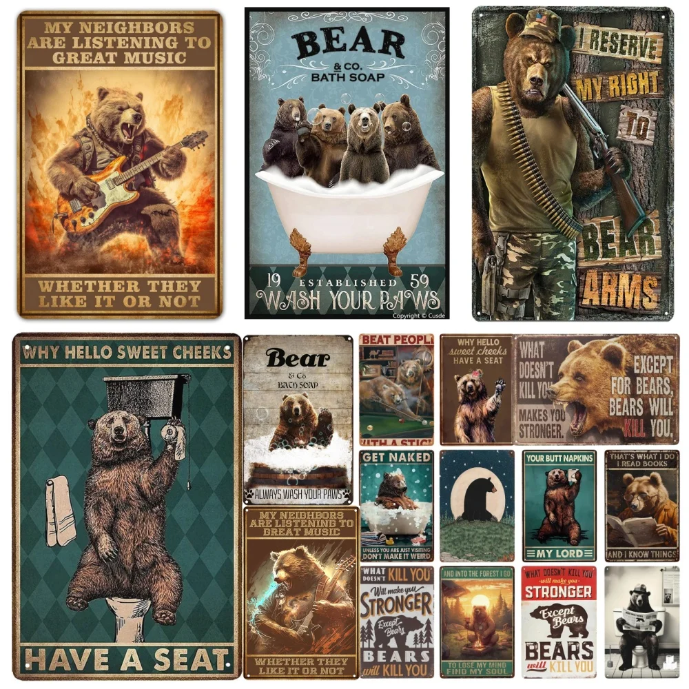 Funny Bear Guitar -bear Funny Bathroom Vintage Metal Tin Sign for Home Office Kitchen Bar Wall Decor Vintage Garage Decor Poster
