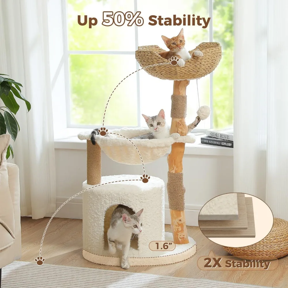 

Cat Tree for Indoor Cats Adults, Modern Cat Tree Tower with Spacious Wicker Basket,Natural Solid Wood Scratching Posts