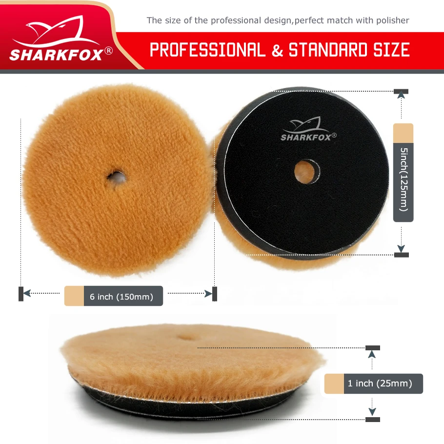 Sharkfox 5/6Inch Wool Car Polishing Pad High Density Lamb Woollen Polish Buffing Pad Wool Polishing Pad for Car Detail Polishing