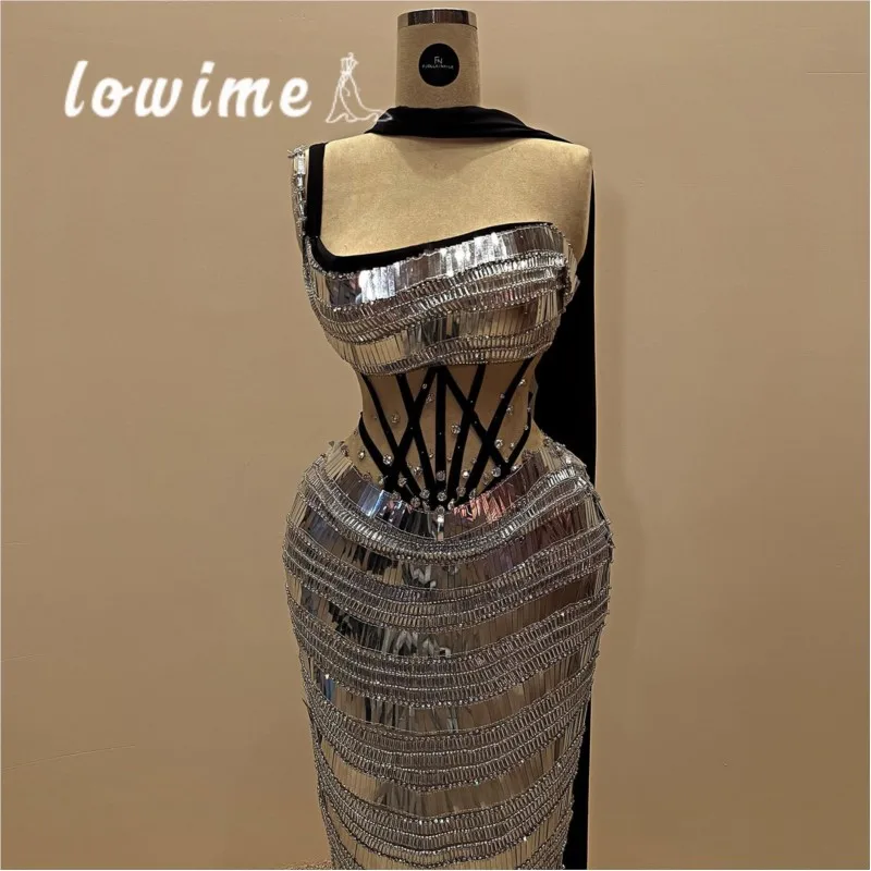 Fashionable black and silver sequined long dress for catwalk events performances birthdays award ceremonies
