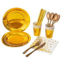 Nuevo suministros desechables para fiesta temática chapados en oro, decoración de cumpleaños, vajilla, plato de papel, servilleta, taza, Baby Shower, boda para niños