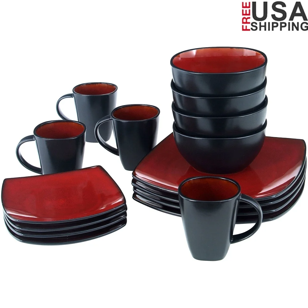 

16 Piece Dinnerware Set Square Plates Bowls Mugs Tuscan Red Microwave Dishwasher Safe Reactive Glaze Unique Design Service Four