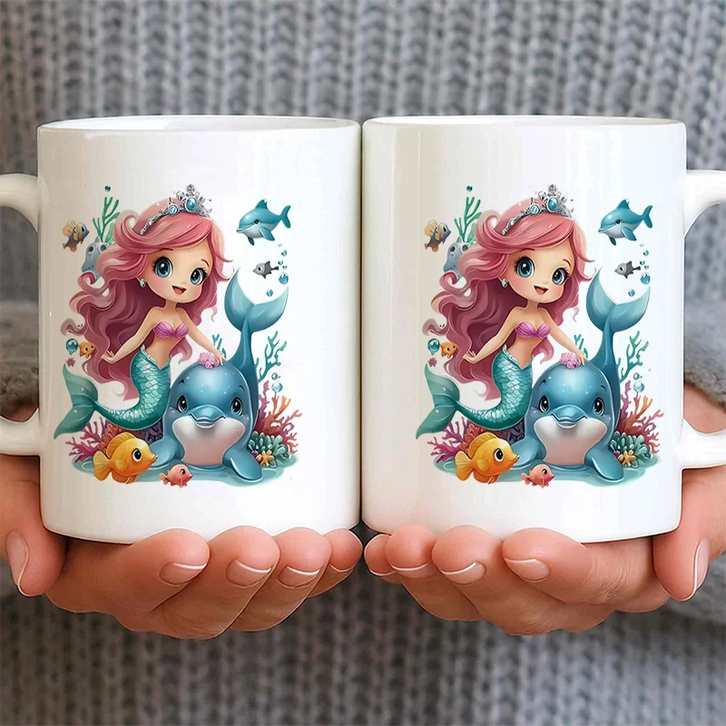 Mermaid Princess With Dolphin Fish Colorful Print Ceramic Coffee Mug 11oz 350ml Personalized Custom Cute Aesthetic Mug Microwave