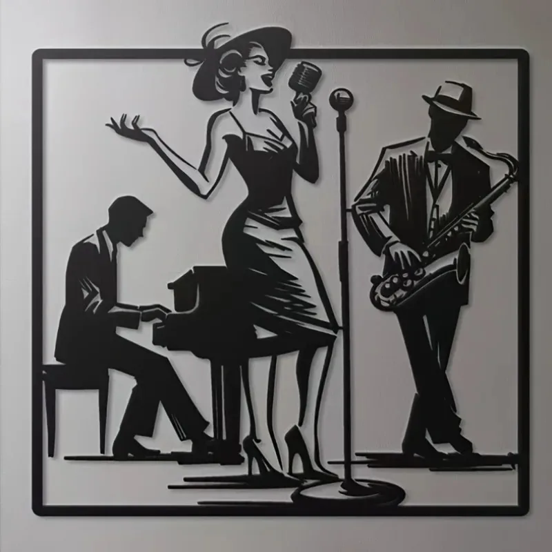 Mehrschichtige Vintage-Jazzband-Wandkunst – Handgefertigte Musiker-Skulptur aus Metall mit Retro-Schwarz-Finish |   Ideal für Zuhause, Bar