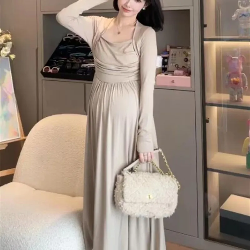 Maternity Long Dress Simple Korean Style Base Layer Skirt A-Line Maxi Dress Fashionable Outerwear for Pregnant Women