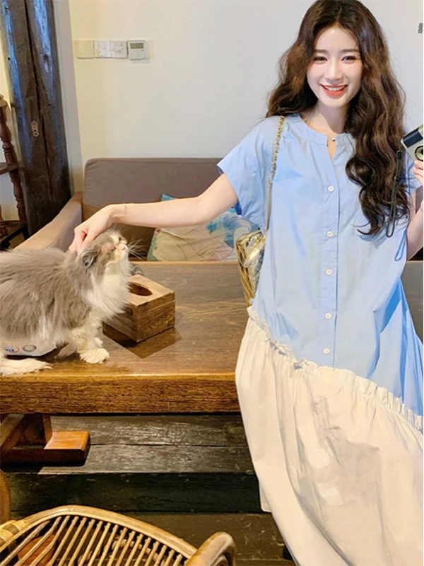 초대형 여름 얇은 파란색 출산 드레스 여성의 느슨한 연령을 과시하는 출산 드레스 캐주얼 a 라인 미디 드레스