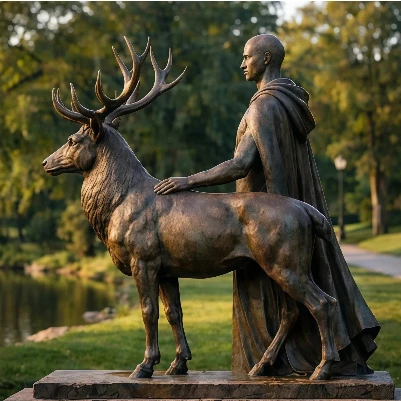 Handcrafted Bronze Human & Stag Sculpture  Symbolic Outdoor Garden Statue for Estate, Courtyard and Public Art Display