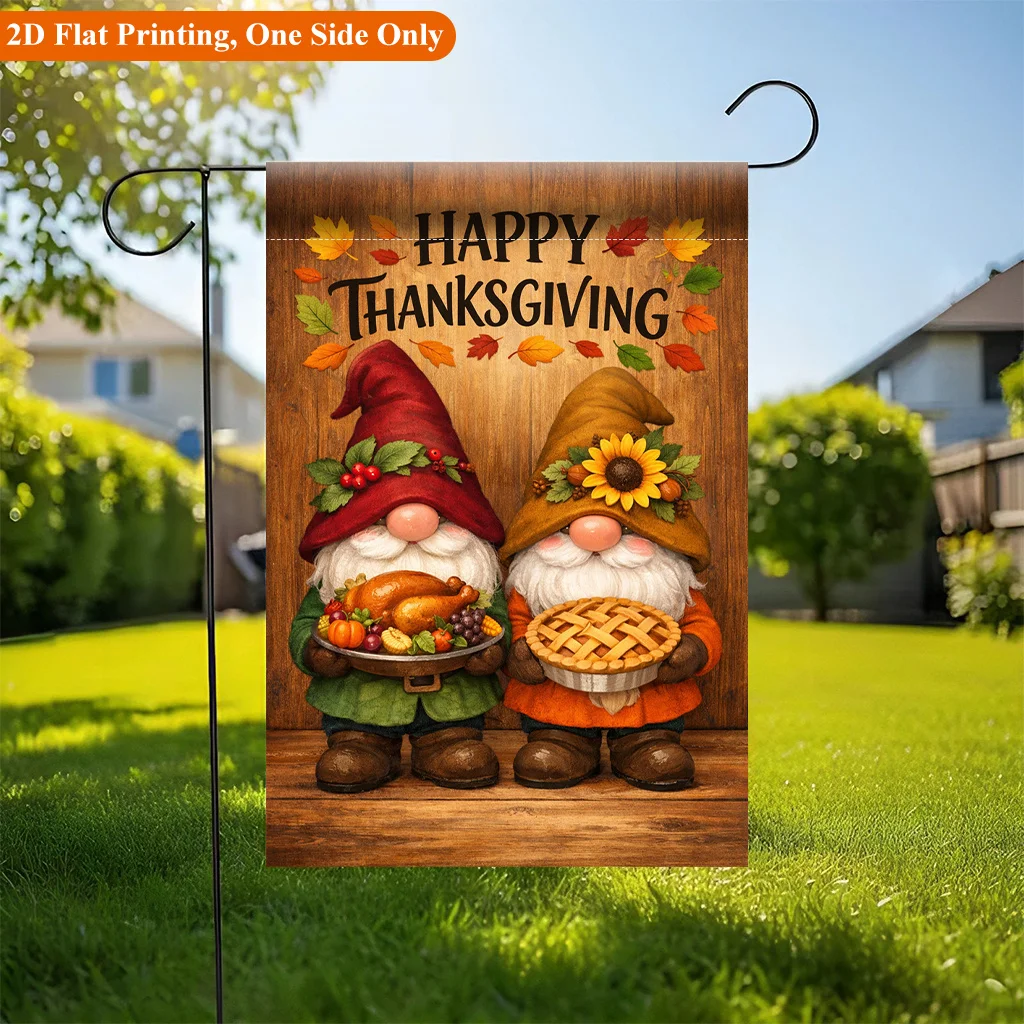 2D Flat - 2D Garden Flag, Thanksgiving Dwarf Handheld Premium Garden Flag -, Holiday Decor, Durable Polyester Material, 11.8 X 17.7 Inches, Without Flagpole