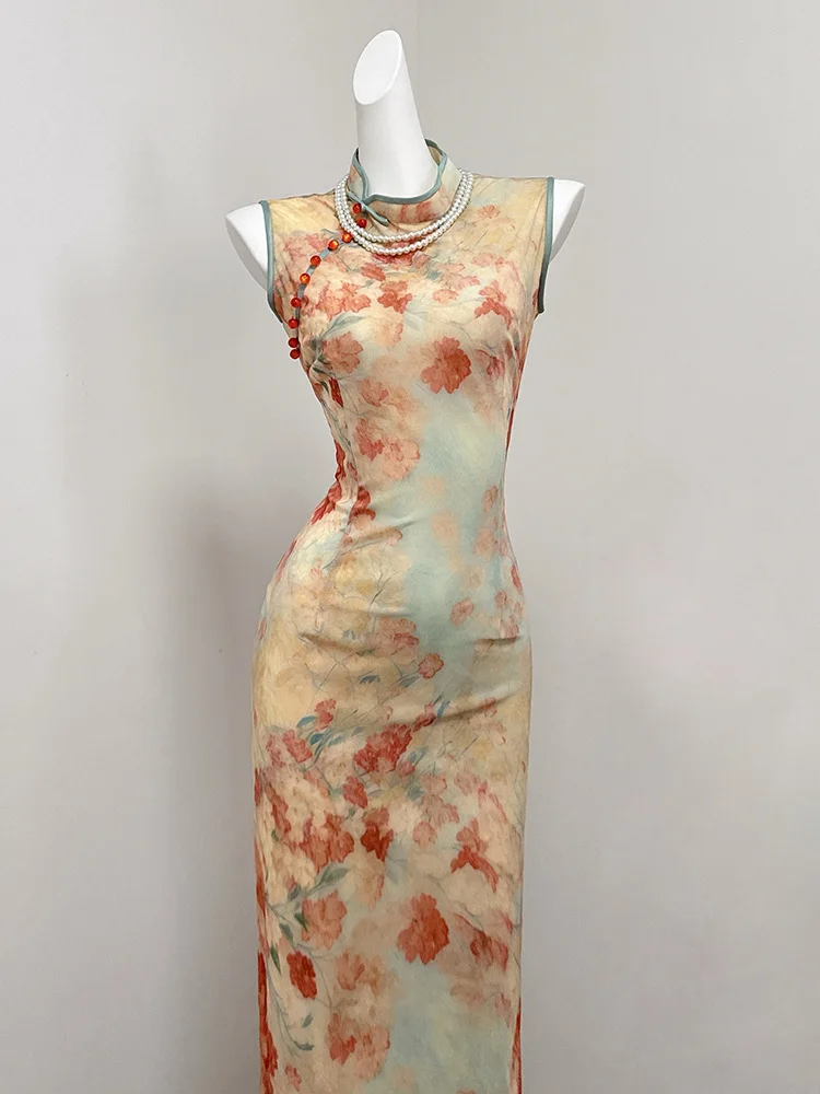 

Новое китайское платье-ципао Ele: облегающее, с завышенной талией, летнее, из полиэстера и нейлона, эластичное, с высоким разрезом