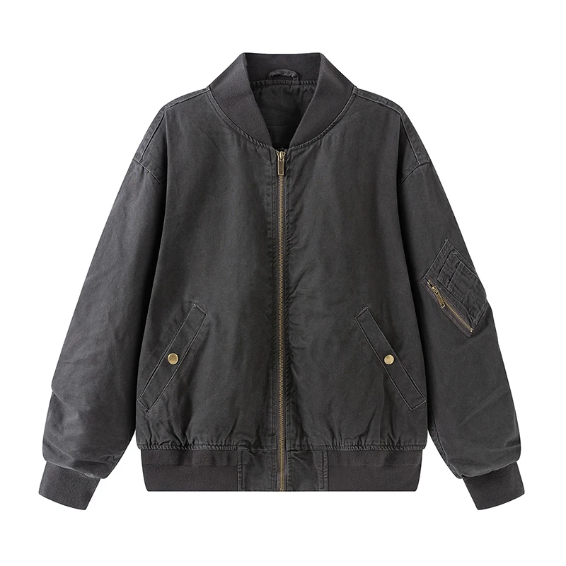 Mens Vintage Washed Workwear Jacket Streetwear Utility Coat with Baseball Collar Relaxed Fit Casual Bomber Outerwear Fall Winter