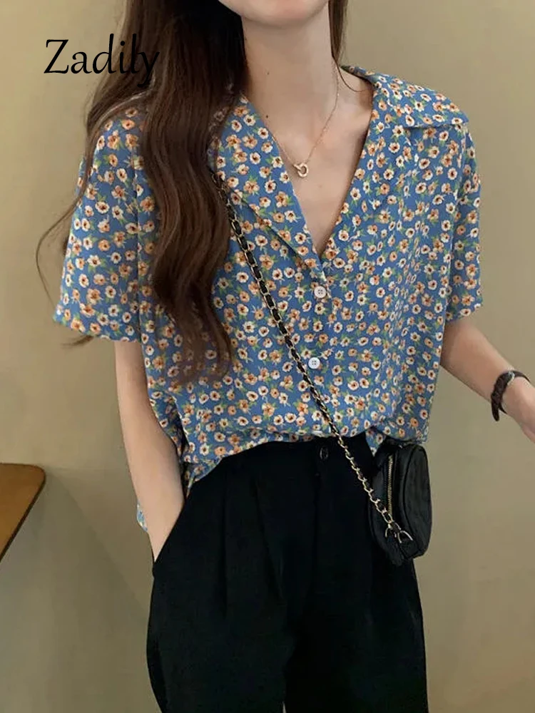 2024 Summer Vintage Floral Printing Button Up Women Shirt Korea Style Notched Neck Short Sleeve Woman Blouse Tunic Female Blouse