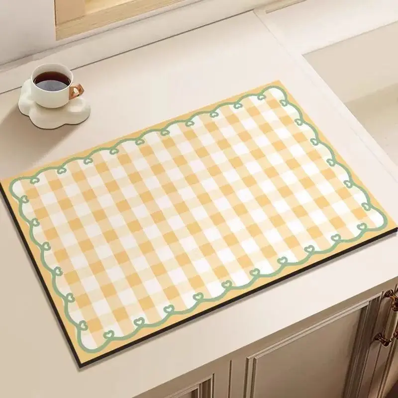 VIKAMA Cute Yellow Checkered Heart Lace Absorbent Coffee Mat Non‑Slip Dish Drying Pad For Kitchen Countertop Home Decor