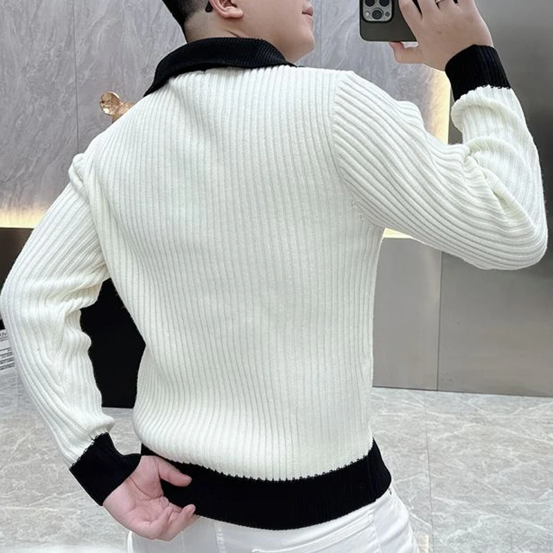 Masculino coreano moda preto branco contraste cor negócios casual camisola de malha meio zíper gola polo manga longa pullovers finos