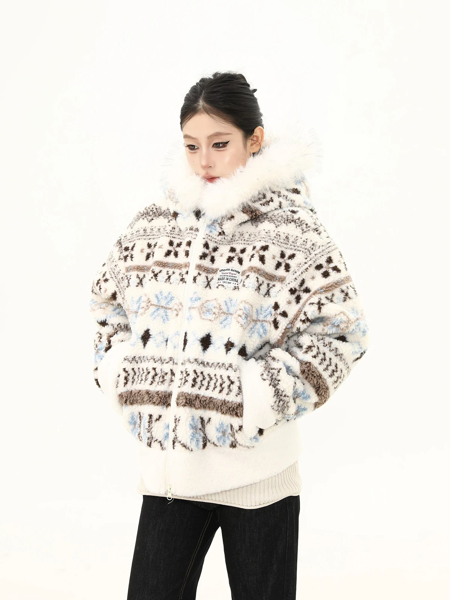 

Утепленная зимняя хлопковая куртка-пальто женская с капюшоном, теплая, в американском ретро-стиле, с меховым воротником Fair Isle, уличный стиль, хип-хоп