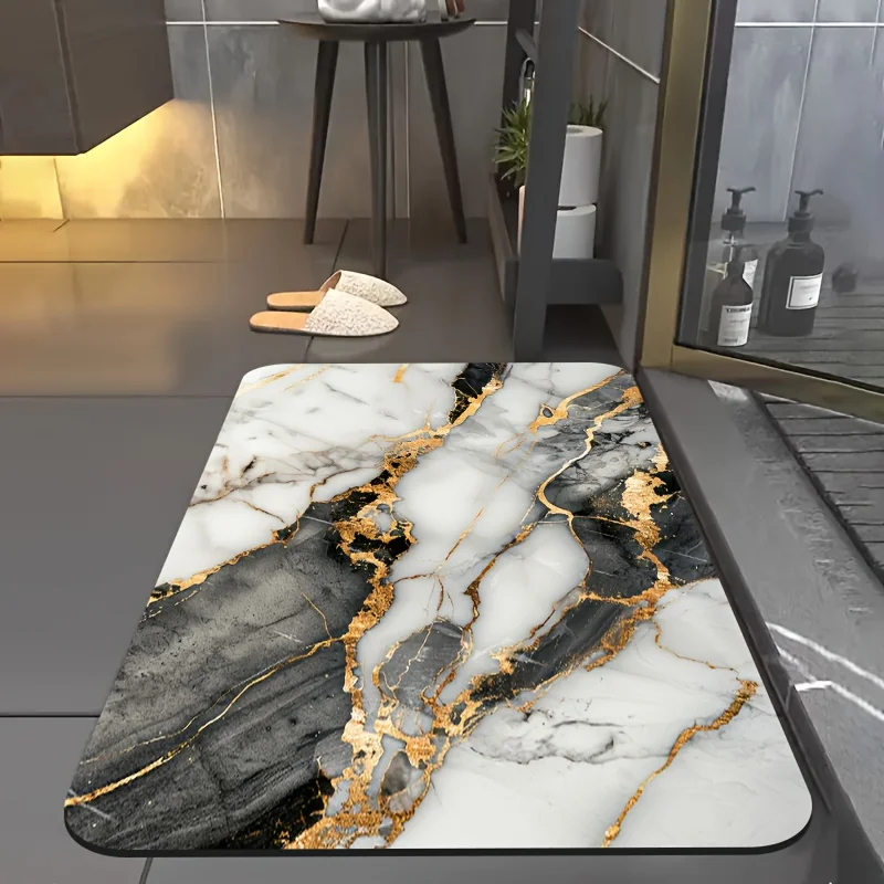 Luxury Gold Foil Marble Print Kitchen Mat, Non-Slip Oil-Proof Waterproof Stain Resistant Long Floor Rug for Modern Home Decor