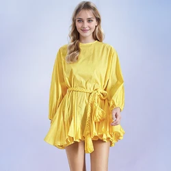 Yellow Casual Dress For Womens Round Neck Long Sleeve High Waist Minimalist Solid Mini Dresses Female New 2024 Spring