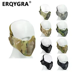 ERQYGRA Tactical Airsoft Half Face Mask Low-carbon Steel Mesh Ear Protective Shooting Sports Paintball CS Wargame Akcesoria