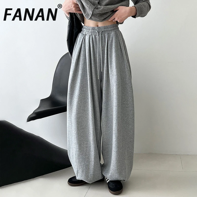 

FANAN спортивные брюки с завязками для женщин, эластичные прямые свободные брюки с высокой талией, женская повседневная одежда, новинка осени 2023 г.