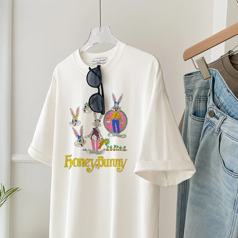 2025, Sommer, neu, weiß, komplett aus Baumwolle, altersreduzierend, Cartoon-Druck, fauler Stil, lockeres Kurzarm-T-Shirt für Damen, Tops A313